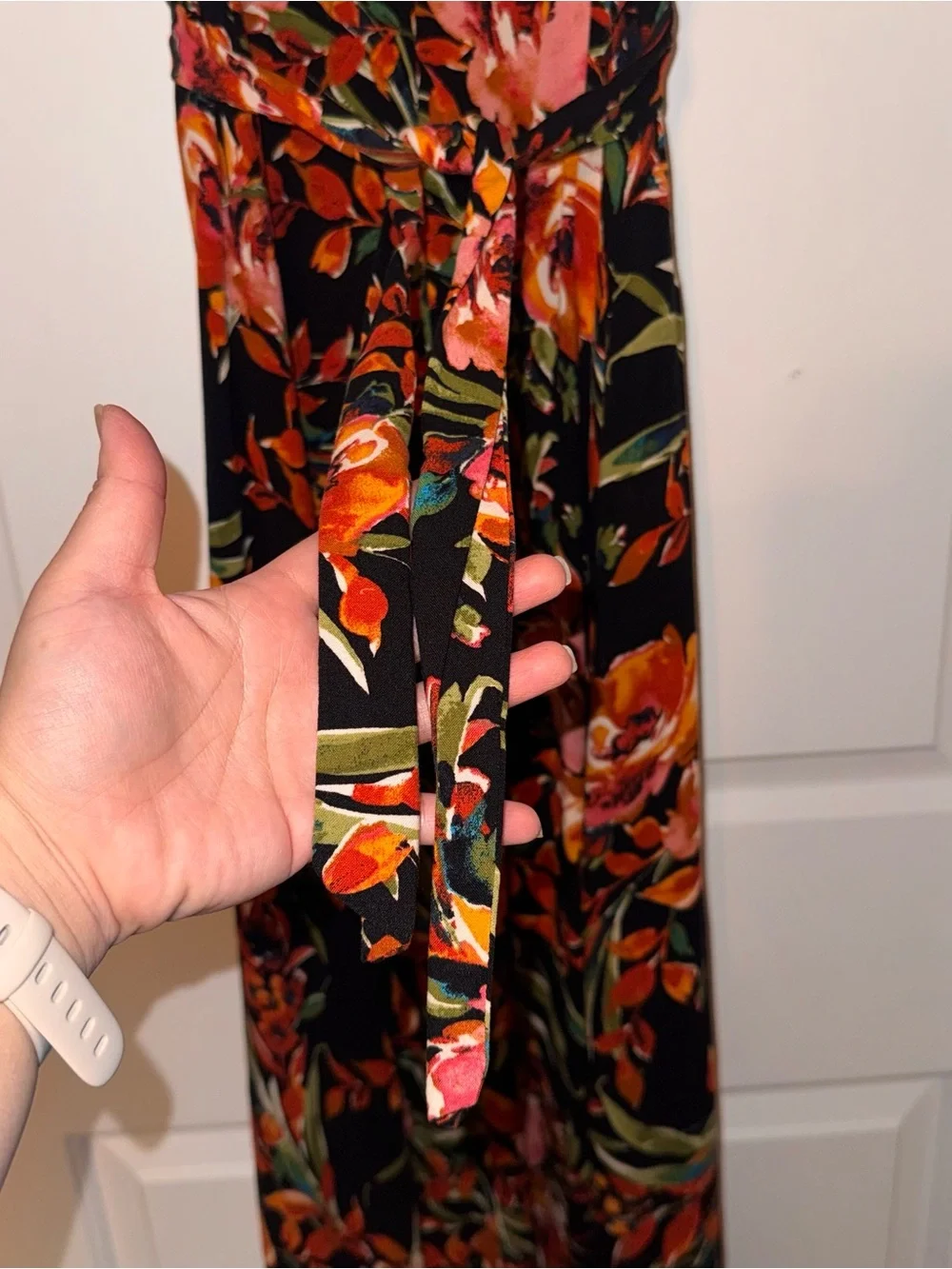 MSK Floral Black Maxi Dress Orange Pink Blooms tie back sash 100% viscose M - Picture 10 of 14